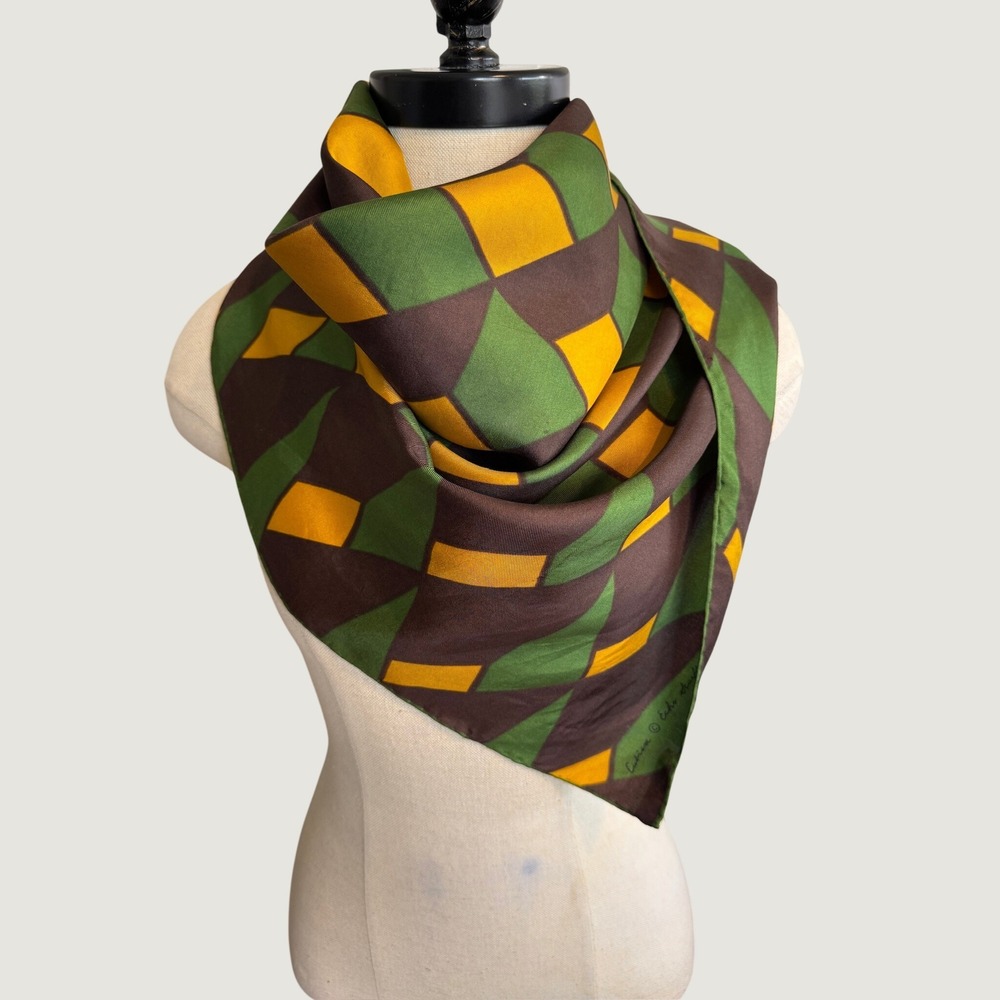 Vintage 1960s Echo Silk Scarf MCM Mid Century Modern Geometric Green Brown Japan